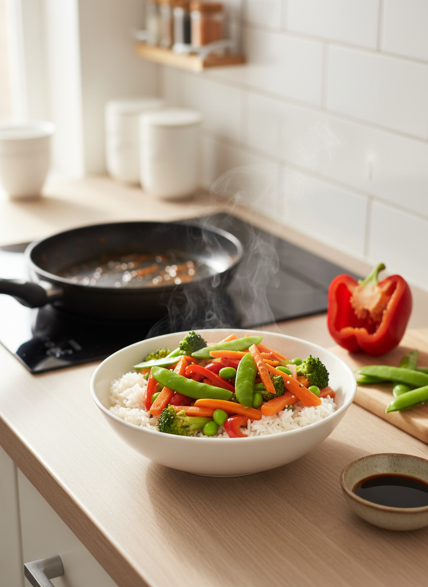 A tidy, small kitchen setup featuring a single white ceramic bowl filled with colorful veggie stir-fry over fluffy rice, steam rising visibly. Around it are minimal ingredients: a half-cut red bell pepper, a few snap peas, and a tiny bowl of soy sauce on a clean laminate countertop. A compact induction burner with a small nonstick pan sits to the side, still glistening with sauce. Natural midday light streams in from the left, softly illuminating the bowl and creating gentle reflections on the glossy vegetables. Photographic realism with an eye-level composition and subtle background blur, conveying speed, simplicity, and the fun of throwing together a meal for one with whatever’s on hand.