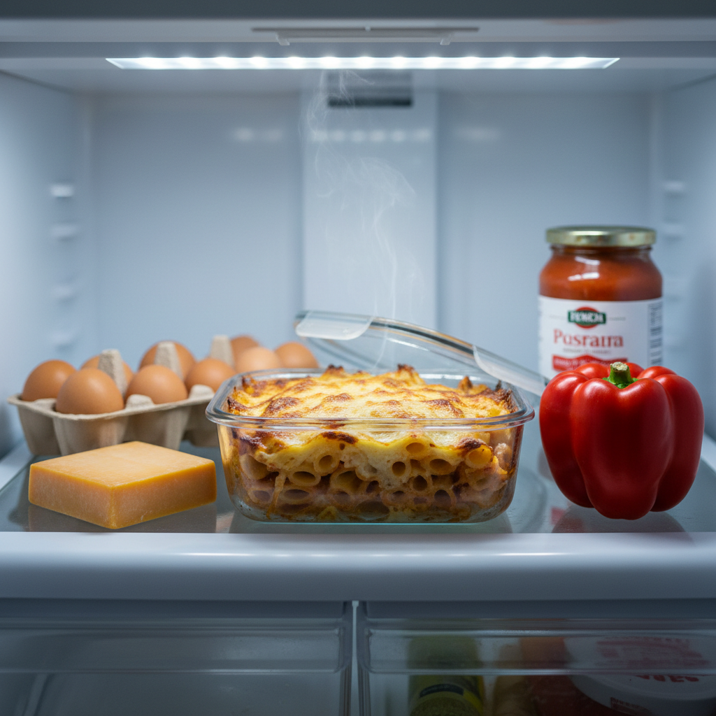 A neatly arranged refrigerator shelf holding only a few items: a single carton of eggs, a small block of cheddar, a jar of pasta sauce, and a lone bell pepper, all surrounding a clear meal-prep container with a finished single-serving baked pasta, cheese perfectly melted and lightly browned. The transparent container sits front and center, slightly open to reveal the steamy interior. Cool, diffused fridge lighting creates soft highlights on the glass and food, emphasizing freshness. Photographic realism with a centered composition and moderate depth of field, the rest of the fridge subtly blurred. The mood is playful yet practical, suggesting you can create something comforting and delicious from just a handful of ingredients when cooking for one.